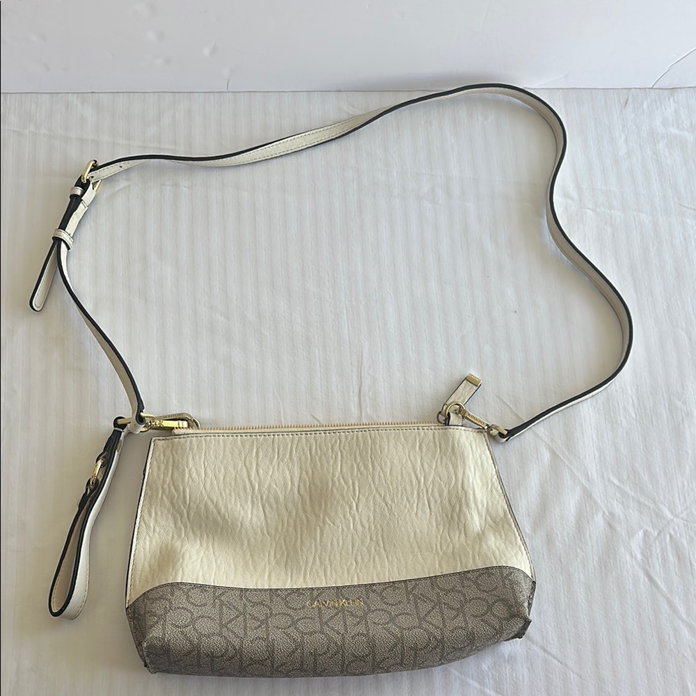 Calvin Klein Cream and Brown Crossbody Bag with Adjustable Strap